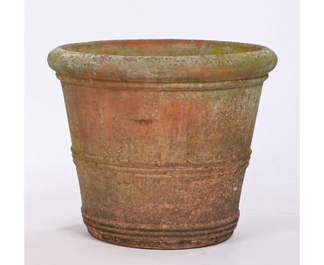 Terracotta garden pot, of large proportions, the circular tapering pot with ring design, 59cm wide, 47cm high