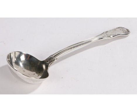 George IV silver ladle, London 1822, maker Richard Poulden, the shell pattern handle with remains of an engraved crest, 3.1oz