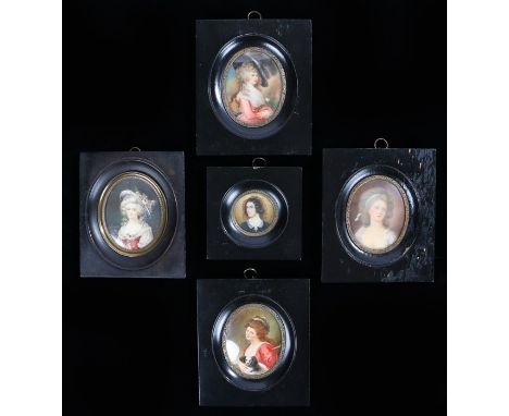 Collection of five early 20th Century portrait miniatures, each of ladies housed within black frames, (5)