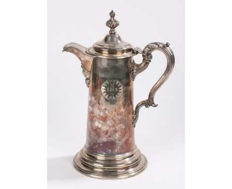 Silver plated ecclesiastical Baptismal jug and cover, with gadrooned finial to the domed lid, acanthus leaf capped double scr