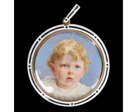 Victorian miniature portrait pendant, of a child with a blue background, set to an enamel and yellow metal pendant dated 1898
