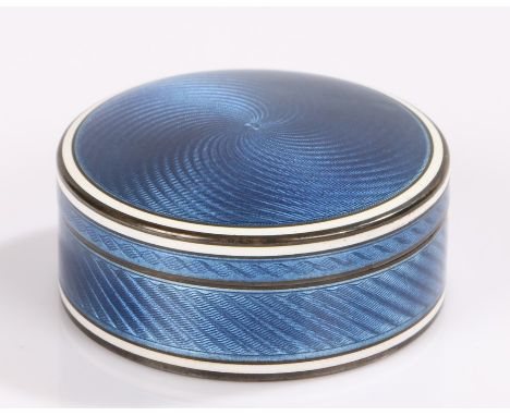 Continental silver guilloche enamel box and cover, of cylindrical form, with blue and white enamel exterior and gilt interior
