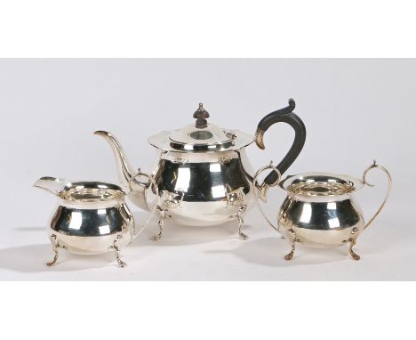 Plated Mappin &amp; Webb three piece tea service, consisting of teapot with ebony handle and finial, milk jug and twin handle