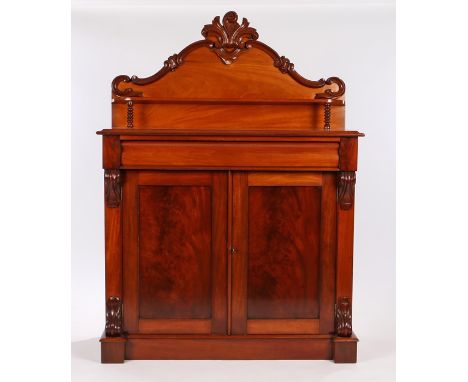 Victorian mahogany chiffonier, the scroll carved back with shelf raised on bobbin turned supports, above a  frieze drawer and