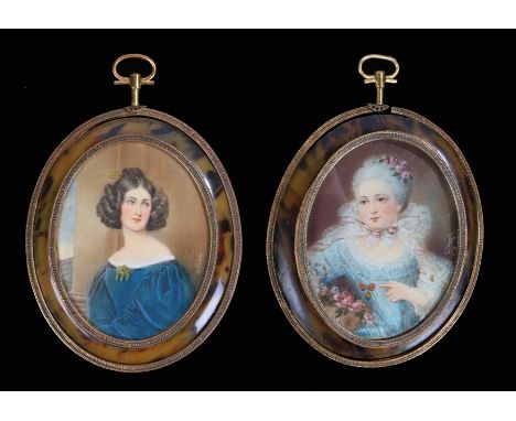 Two early 20th Century portrait miniatures, both oval of ladies set within faux tortoiseshell shell frames, 9cm diameter 