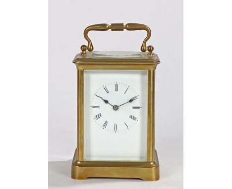 French gilt brass carriage clock, with a five glass case with a white enamel dial and Roman hours, lever platform escapement 