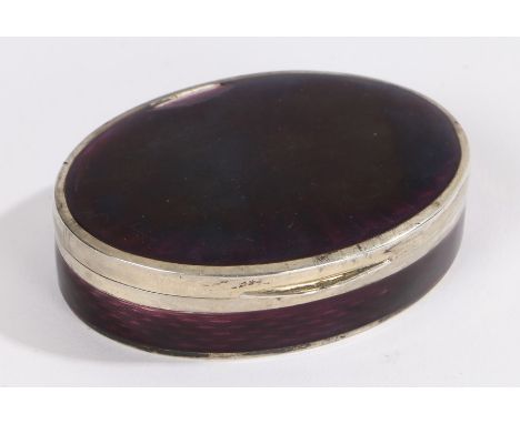 Continental silver and enamel box, of oval form with purple enamel engine turned lid and body, the gilt interior with date 6.