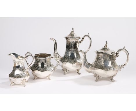 Silver plated tea and coffee service, consisting of teapot, coffee pot, milk jug and sugar bowl, the teapot and coffee pot wi