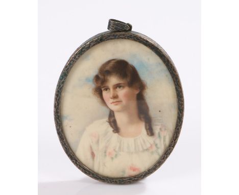 Early 20th Century miniature portrait, of a young lady in a white dress decorated with roses, 70mm wide including the frame