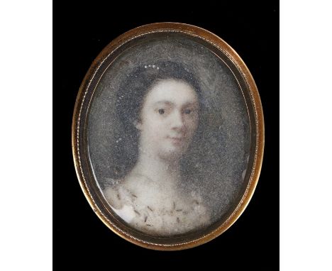 George III miniature portrait, of a lady with black hair and a white dress, 45mm high