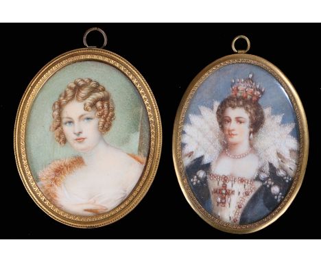 Early 20th Century portrait miniature, of a lady with curled hair, together with a portrait miniature of Marie de' Medici, (2