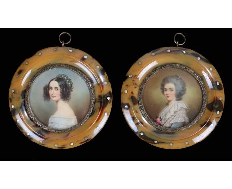 Two early 20th Century portrait miniatures, of ladies housed within faux tortoiseshell frames, 11cm including frames, (2)