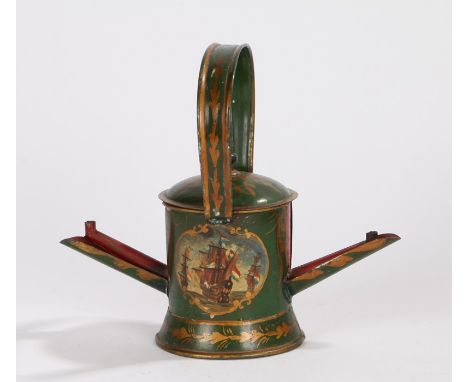 19th Century painted tin double spout lamp, decorated with ships at sail and a high handle with two projecting spouts, 24cm h