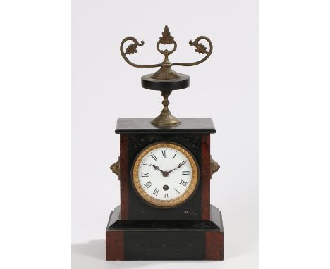 Victorian slate and marble mantel clock, the urn top above the rectangular case and plinth base, a white enamel dial with Rom