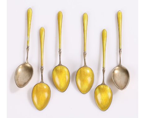 Set of six silver coffee spoons, with yellow enamel decorated bowls and handles, stamped 925 (6)