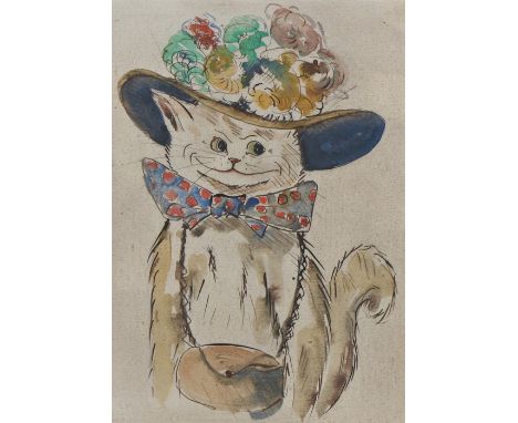 In the style of Louis Wain, white cat wearing a floral hat, polka dot bow tie and handbag, housed in a gilt frame, the waterc