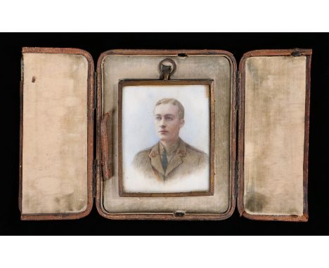 Early 20th Century portrait miniature, of a First War Soldier head and shoulder portrait, 7cm x 9cm cased 