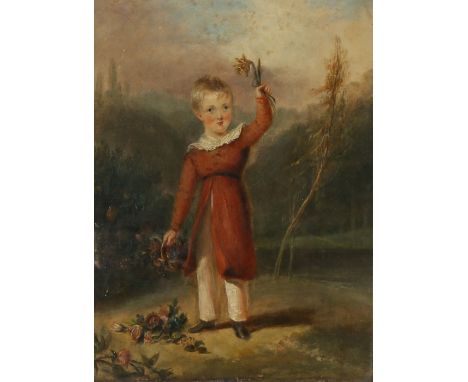 19th Century British school, Portrait of a child, Robert Faux, child of Edward Faux, with a basket of flowers, unsigned oil o