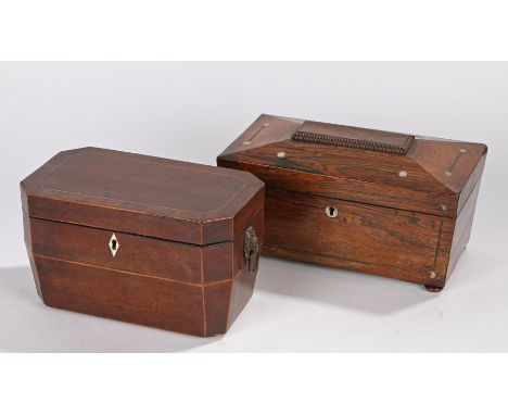 Regency rosewood tea caddy, with a rectangular top above a tapering body, 27.5cm wide, together with a George III mahogany te