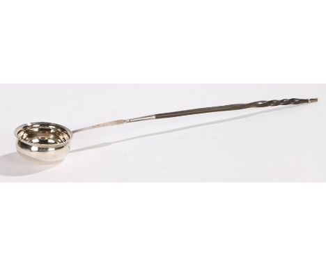 George III silver toddy ladle, London 1786, makers marks rubbed, the circular bowl with beaded rim, on a twisted baleen handl