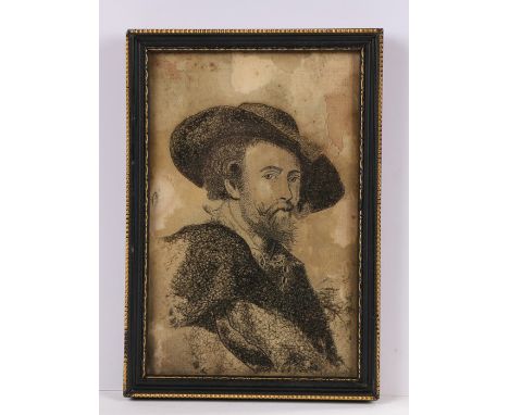 Rare George III hair picture, of a gentleman with a hat and jacket, housed within a frame, 16cm x 10cm