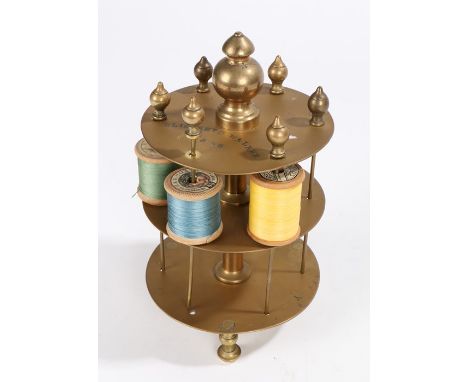 Victorian named and dated brass cotton reel holder, with a finial top above two tiers, named to Elizabeth Walker and dated 18