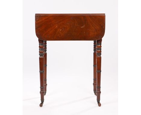 George III mahogany drop leaf work table, the drop leaf rectangular top above a pair of frieze drawers and dummy drawers oppo