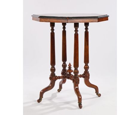 Victorian style walnut, boxwood and ebonised occasional table, the octagonal top raised on quadruple reeded tapering supports