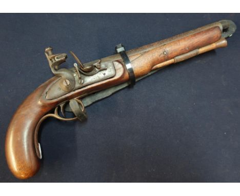 Flintlock pistol with 8 inch barrel stamped with proof marks, the lock with unusual frizzen spring complete with ramrod and w