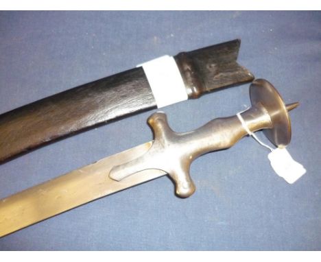 Late 19th C Indian Talwar sword with 29 inch curved blade, steel hilt grip and circular disc shaped pommel with spike, comple