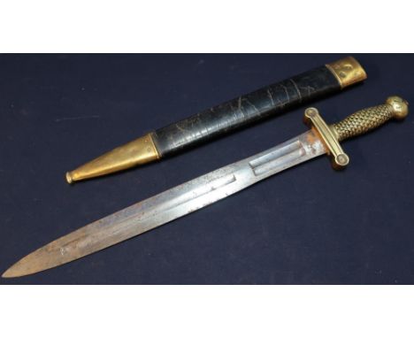 Mid 19th C French artillery gladius type sword with 19 inch blade and fish scale pattern grip, the pommel engraved with Ameri