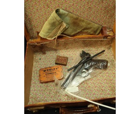 Vintage suitcase with a Webley Senior Pistol (A/F), a canvas holster, a tin of Webley 22 special pellets and similar darts 