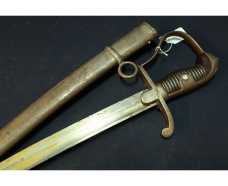 19th C German Cavalry type sword with 29 1/2 inch curved single fullered blade, complete with steel scabbard 