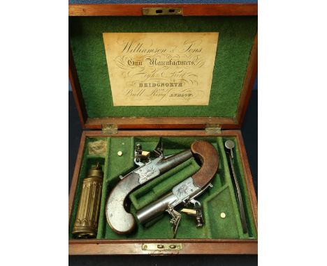 Mahogany cased pair of early 19th C Dunderdale &amp; Mabson flintlock pocket pistols, with 1 1/2 inch turn off barrels, foldi