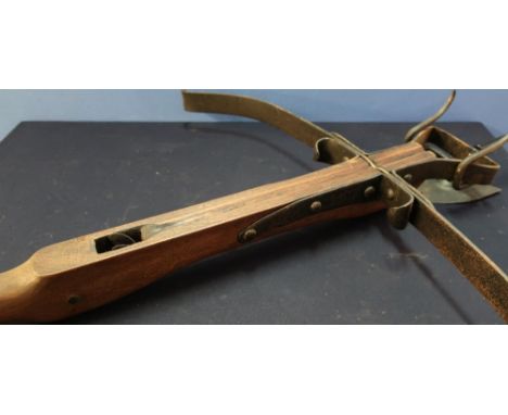 Quality reproduction/re-enactment steel and wooden medieval style crossbow, with forge made wall mounting bracket 