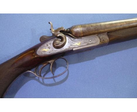 Richard Schoreder Halle 16 bore hammer gun with 29 3/4 inch Damascus barrels with gilt engraved detail, the locks with gilt f