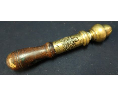 Heavy brass tipstaff with turned wood handle (cracked), with acorn shaped finial and Royal Crest, engraved 'No 2 York' (overa