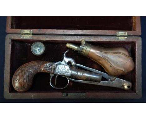 Mahogany cased Belgium percussion cap pocket pistol with 1 1/2 inch turnoff barrel stamped with Belgium proof marks with carv