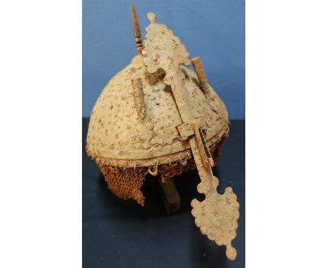 18th/19th C Indo Persian Kulah Khud helmet with spiked finial, adjustable nasal bar and twin plume holders, with ring chainma