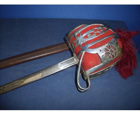 Scottish George V Officers full basket hilted sword with 32 inch double fullered blade with engraved detail, crowned GRV ciph