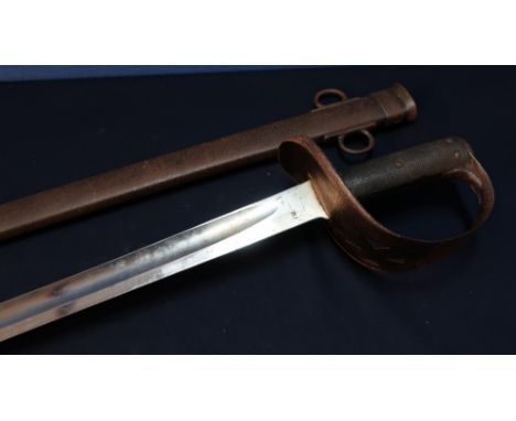 British 1885 patterned Cavalry troopers sword with 34 inch blade with various stamped markings including broad arrow WDYC Sol