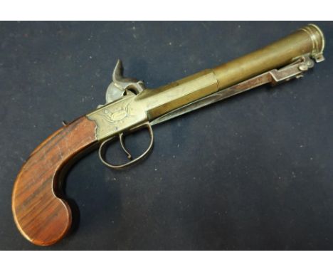 Early 19th C percussion cap brass barrelled Blunderbuss pistol with sprung loaded bayonet by Ryan &amp; Watson of London, wit