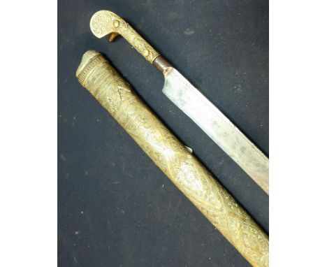 Brass and steel hilted 19th C Yataghan style dagger with 18 inch blade and engraved brass scabbard 