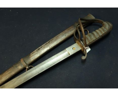 Victorian British Officers Sword with 32 1/2 inch slightly curved single fullered blade with half basket hilt and steel scabb