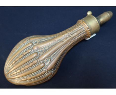 Brass and copper powder flask with embossed ribbed design 