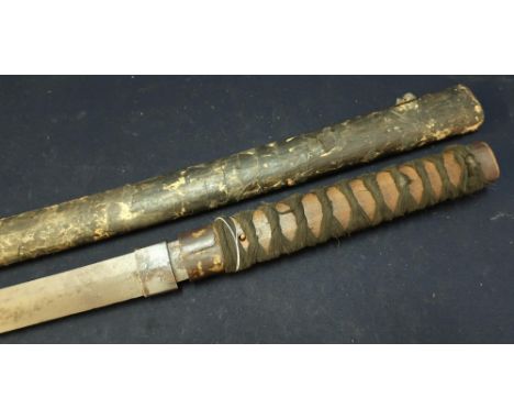 18th C heavy Japanese sword blade with 32 inch blade and later grip and scabbard 