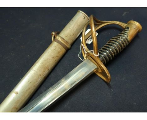 French Cuirassiers style sword with 34 1/2 inch straight single fullered blade and brass half basket hilt, complete with stee