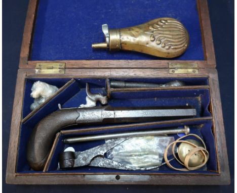 Mahogany cased percussion cap pocket pistol with 4 inch octagonal turnoff barrel, the top engraved 'Barkes London' with round