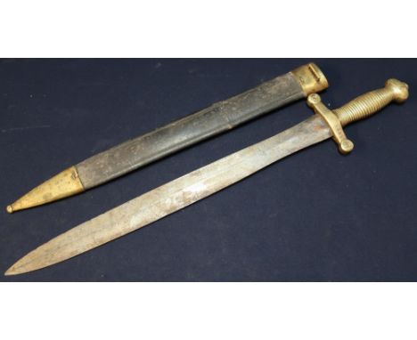 Mid 19th C French artillery gladius type sword with 19 inch blade complete with brass mounted scabbard 