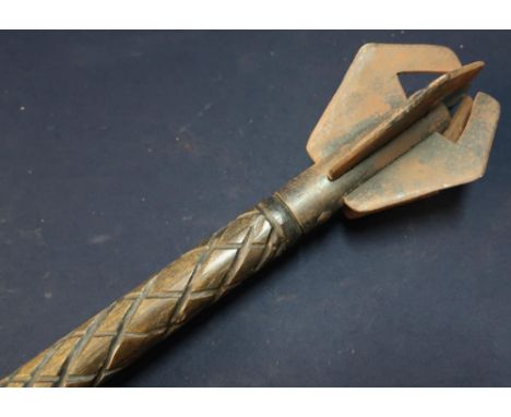 Quality reproduction/re-enactors medieval style Mace with wooden shaft and forge made wall hanging bracket (overall length 82